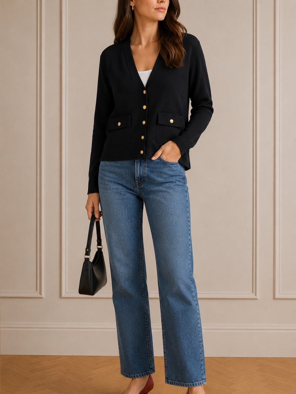 J. Crew | Black V-Neck Cardigan with Gold Buttons | XS